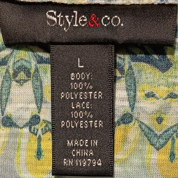 Style & Co EUC Women's Hi Lo Gorgeous Blouse, Large, Green & White Pattern - Picture 2 of 10